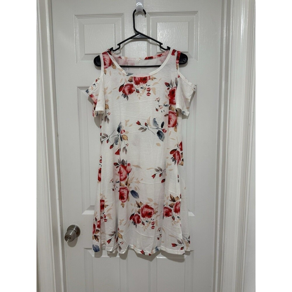 Shein Women's Vacay Ivory Floral Print Cold Shoulder Mini Dress Medium